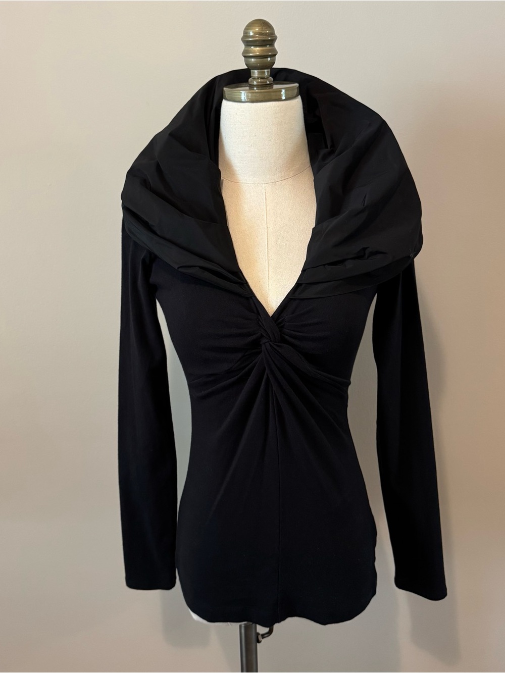 CAbi Black Long-Sleeve Twist Front Top with Draped Collar